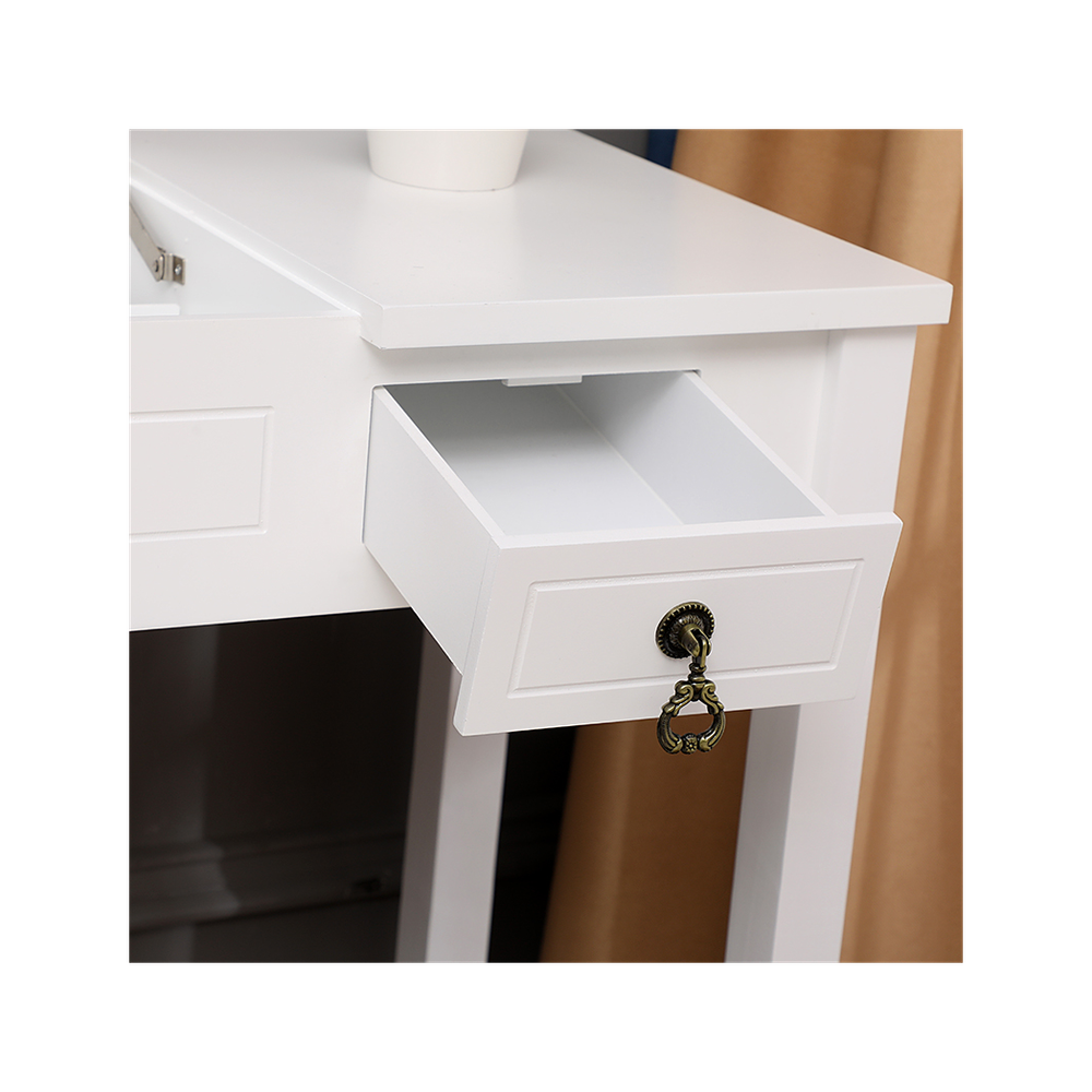 【】Flip Single Mirror Double Drawers Straight Feet Dresser White