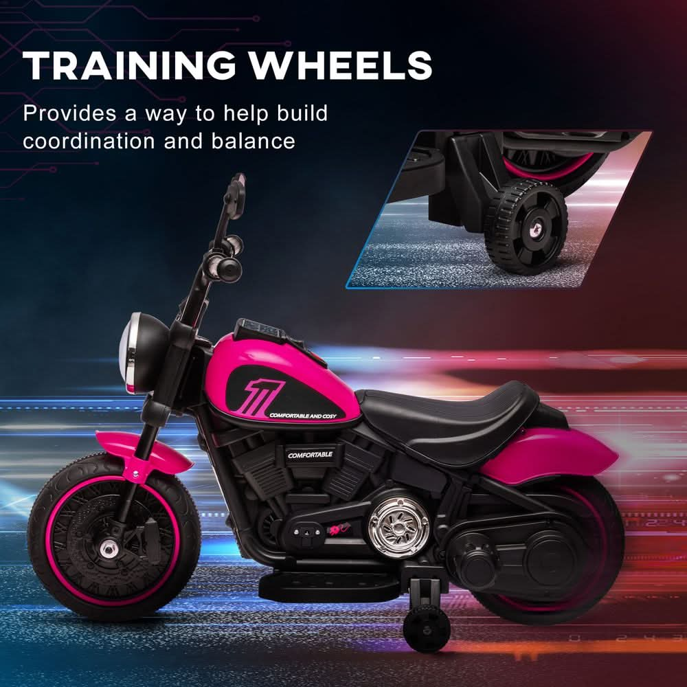 6V Electric Motorbike w/ Training Wheels, One-Button Start, Headlight - Pink