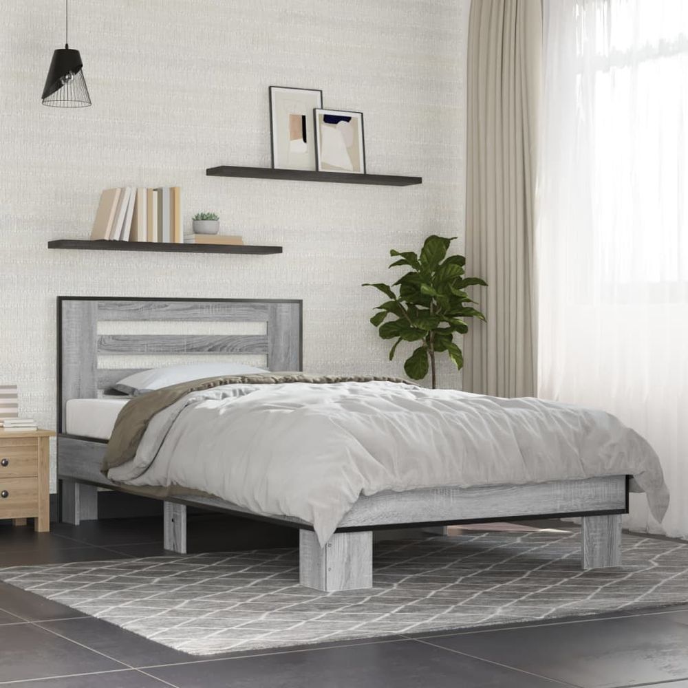 Bed Frame Grey Sonoma 90x190 cm Single Engineered Wood and Metal