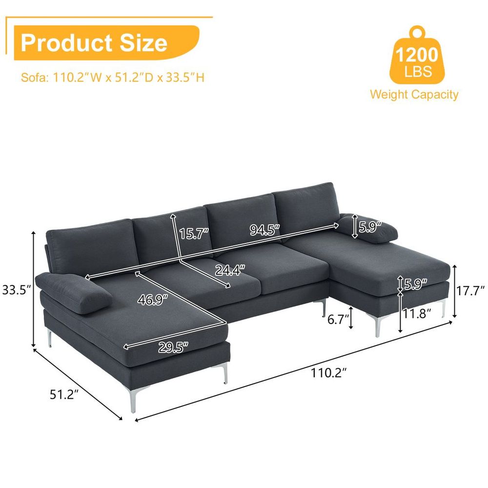 280*130*85 U-Shaped 4-Seat Linen Seat Frame Wooden Frame Back Iron Frame Silver Feet Indoor Modular Sofa Dark Gray