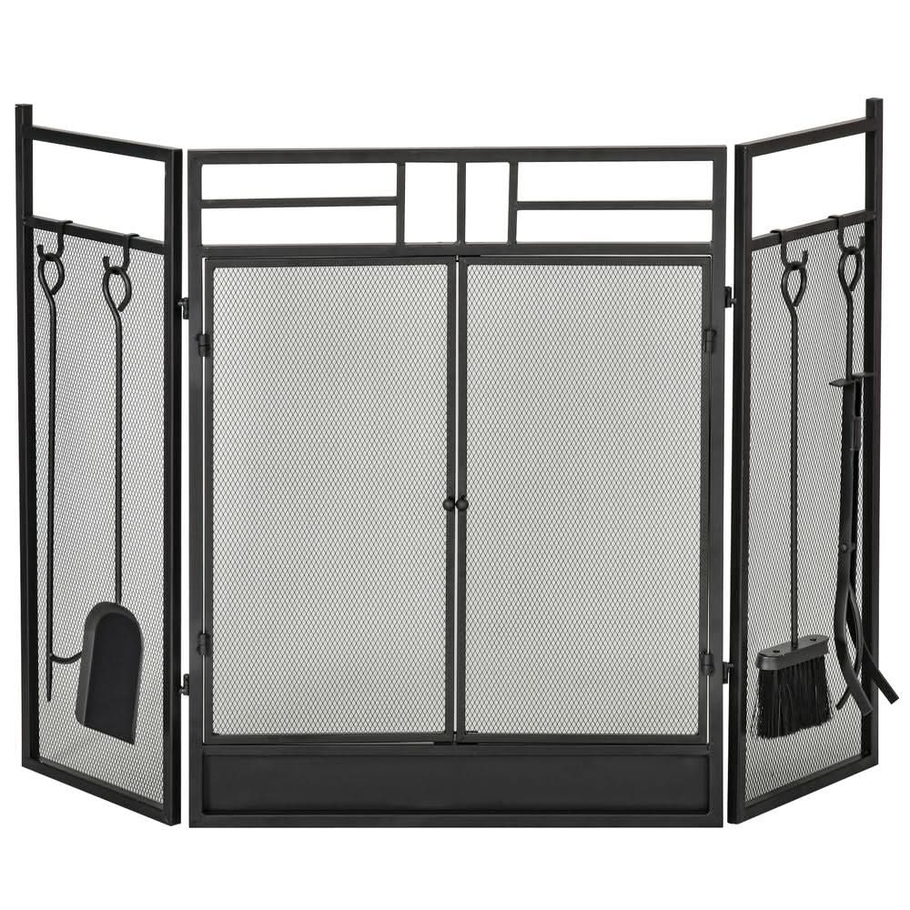 HOMCOM 3 Panel Folding Fire Screen with Double Door Fireplace Tool Accessary