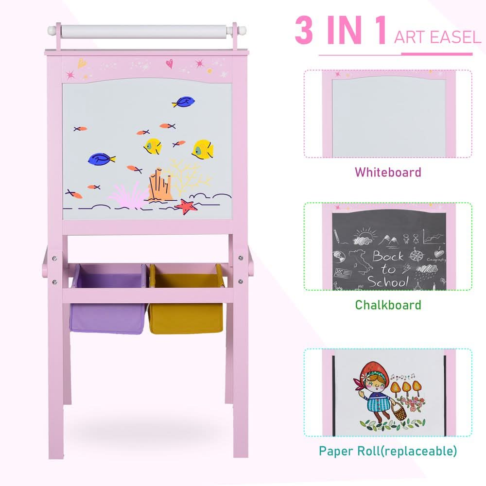 Kids Wooden Art Easel with Paper Roll Double-Sided Chalkboard, board HOMCOM