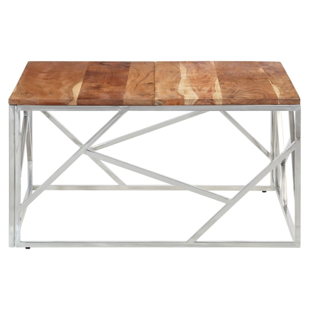 Coffee Table Silver Stainless Steel and Solid Acacia Wood