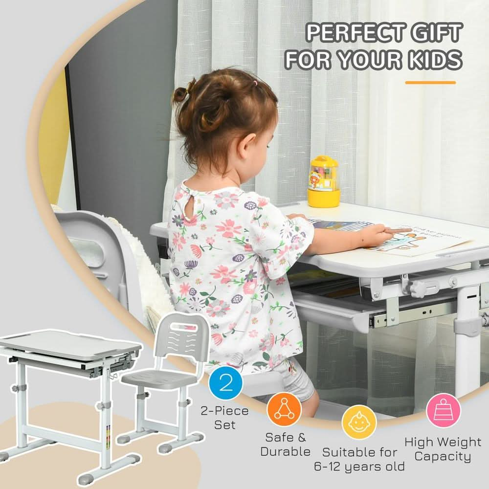 Kids Desk and Chair Set Adjustable Tiltable w/ Drawer, Pen Slot, Hook