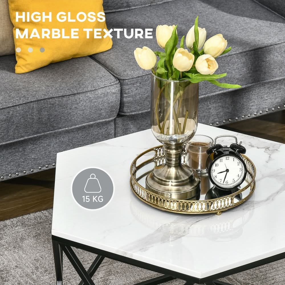 Coffee Table Cocktail Table  High Gloss Marble Top Steel Frame White HOMCOM