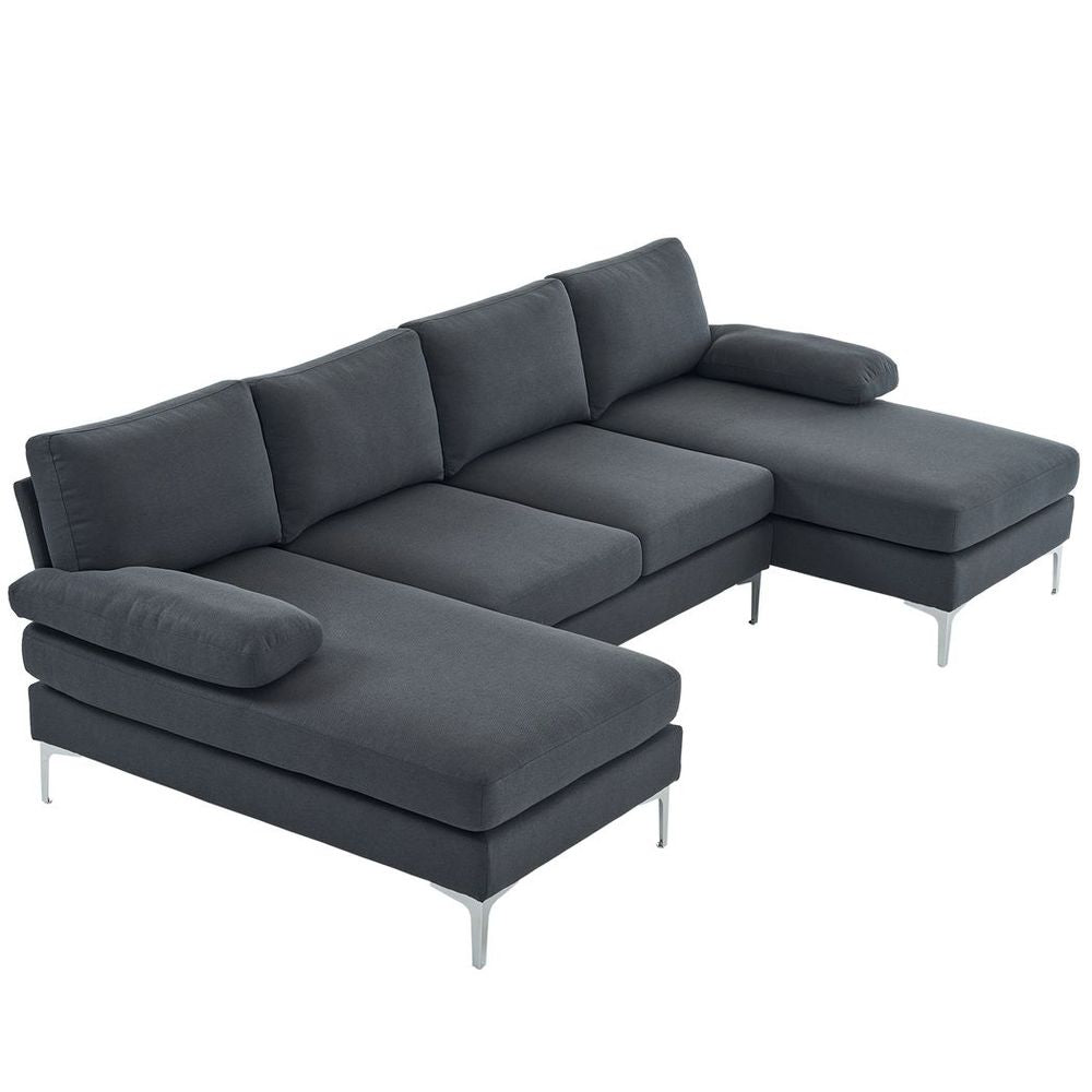 280*130*85 U-Shaped 4-Seat Linen Seat Frame Wooden Frame Back Iron Frame Silver Feet Indoor Modular Sofa Dark Gray