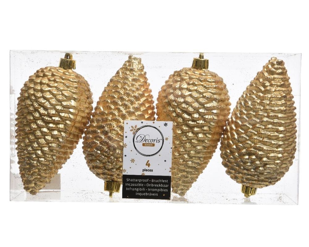 Shatterproof Light Gold Glitter Pine Cone 12cm Pack of 4 - Christmas Tree Decoration