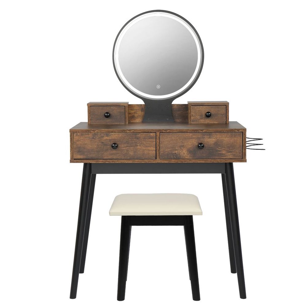 Vanity Set with Touch Screen Lighted Mirror, Makeup Table with Cushioned Stool, 4 Drawers, Rustic Brown and Black