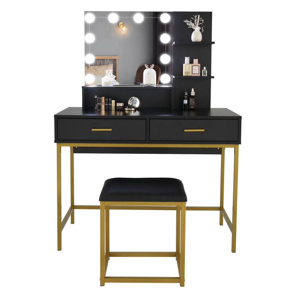 Large Vanity Set with 10 LED Bulbs, Makeup Table with Cushioned Stool, 3 Storage Shelves 2 Drawers, Dressing Table Dresser Desk for Women, Girls, Bedroom, Black