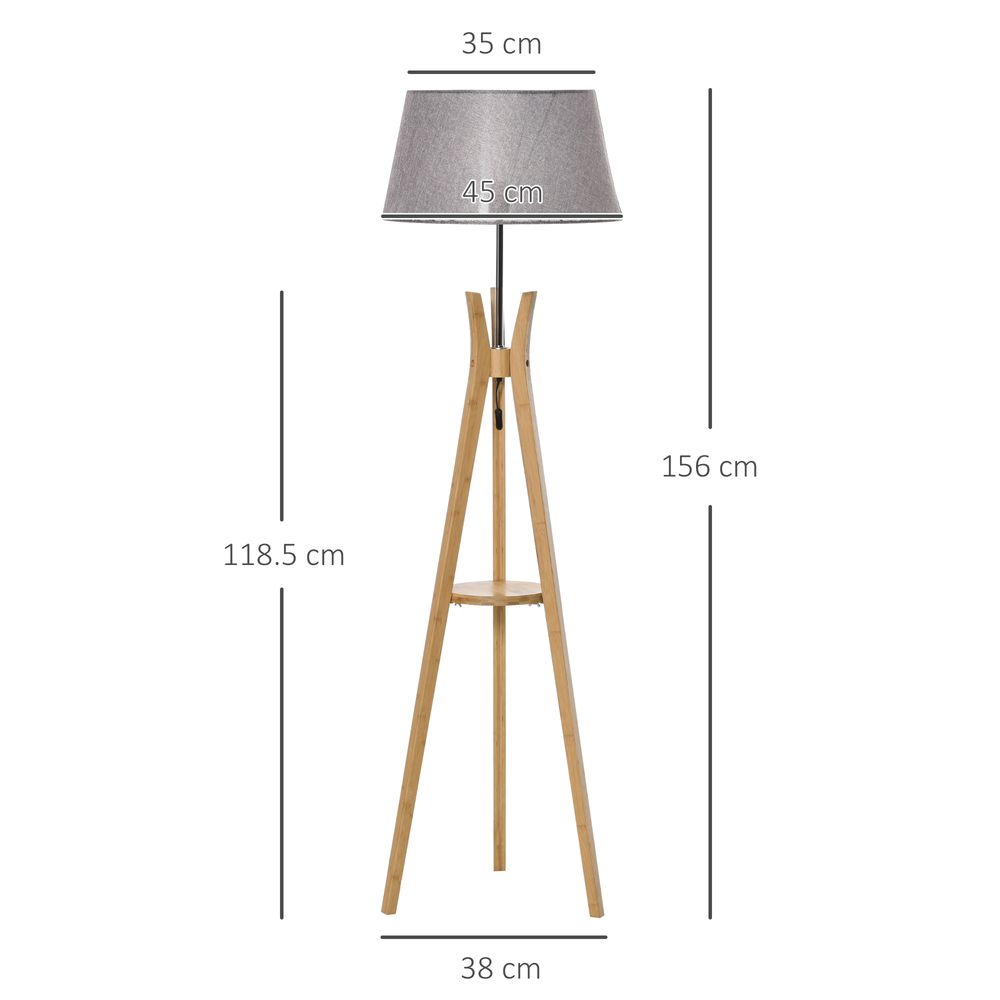 Tripod Floor Lamp Light E27 Base w/ Fabric Shade Storage Shelf, Grey