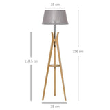 Tripod Floor Lamp Light E27 Base w/ Fabric Shade Storage Shelf, Grey