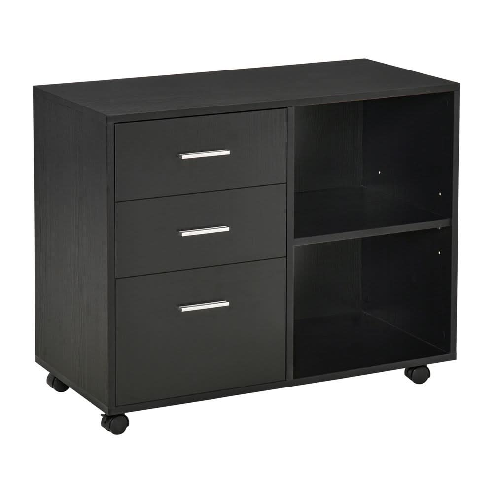 Freestanding Storage Cabinet  3 Drawers 2 Shelves 4 Wheels Office Black