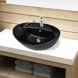 Ceramic Bathroom Sink Basin Faucet/Overflow Hole Black Oval