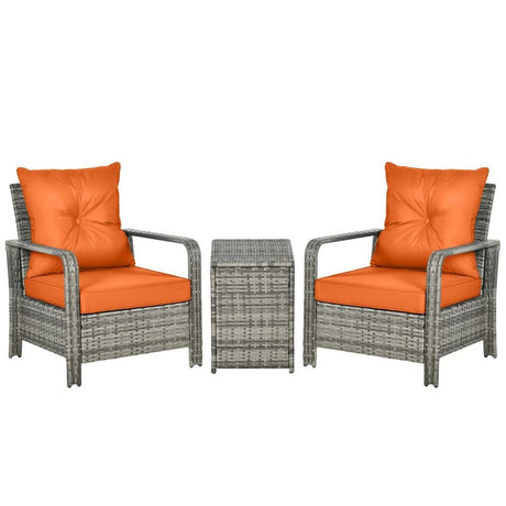 3 PCs PE Rattan Garden Sofa Set w/ 2 Chairs & Storage Table Orange