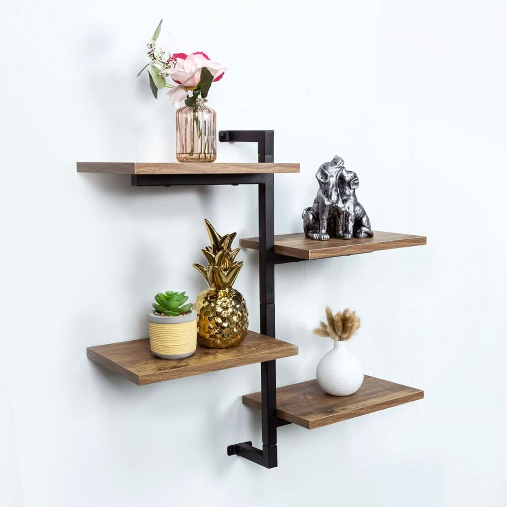 4 Tier Dark OAK Tall Multi Section Wall Shelf with Black Frame - PARGI