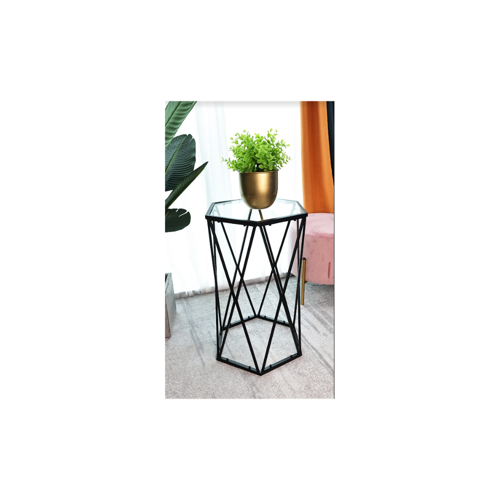 Hexagon Tempered Glass Black Side Table (Small) - SLENDER