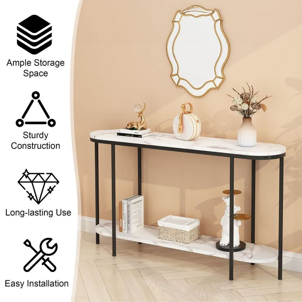 Console Table 2 Tier Narrow Entryway Table with Storage Shelves Faux Marble Narrow Table for Living Bedroom Hallway Office Easy Assembly, Black & White