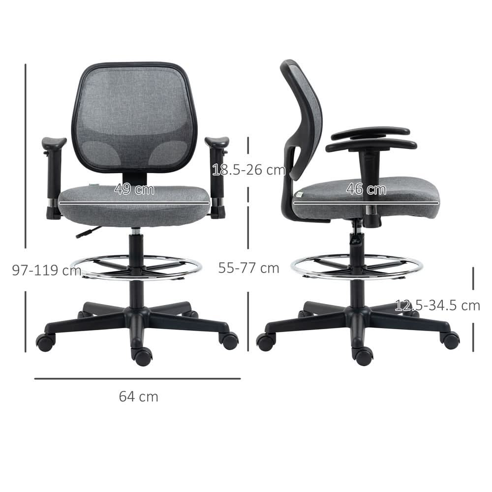 Drafting Chair Tall Office Stand Desk Chair  Foot Ring, Arm, Wheel Vinsetto