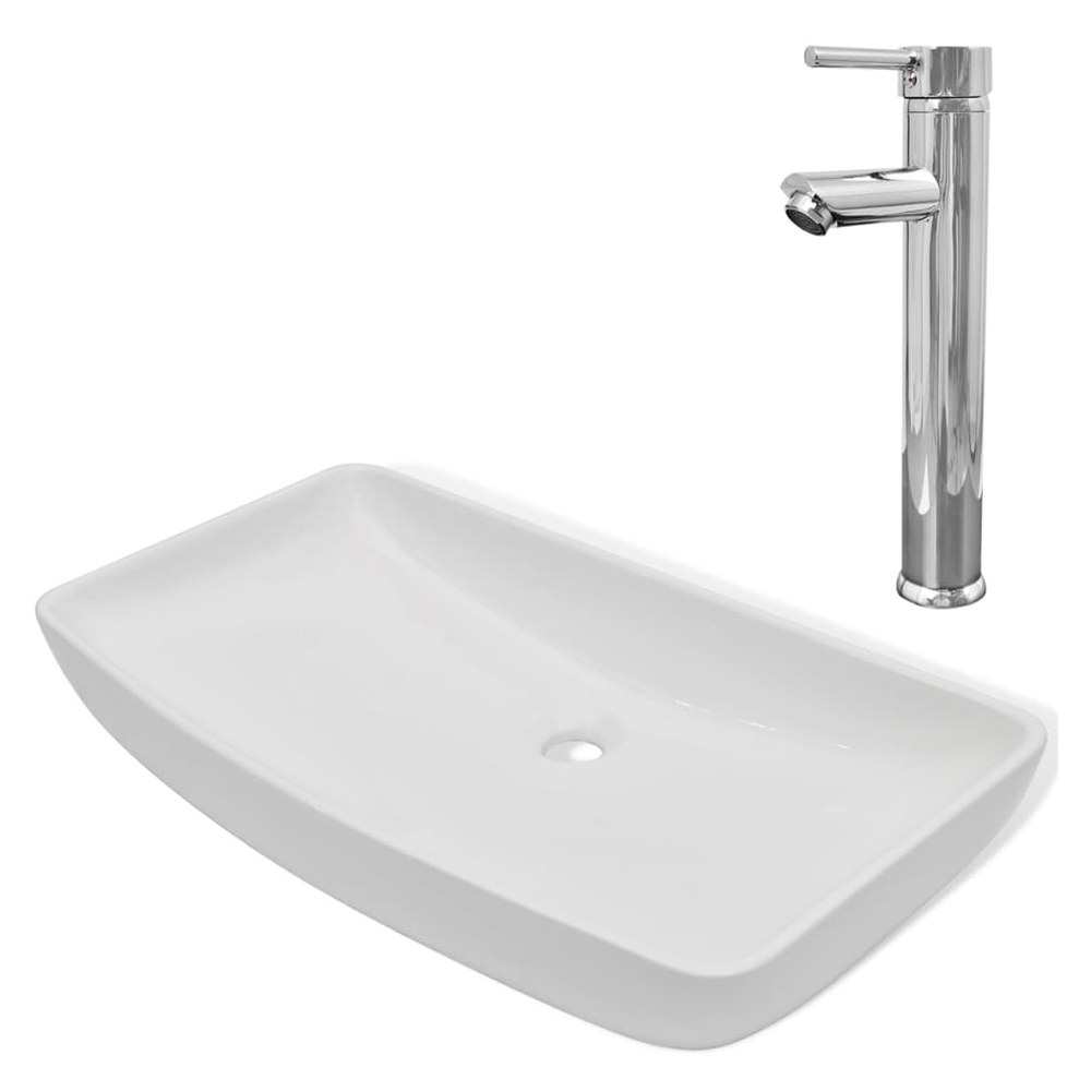 Bathroom Basin with Mixer Tap Ceramic Rectangular White