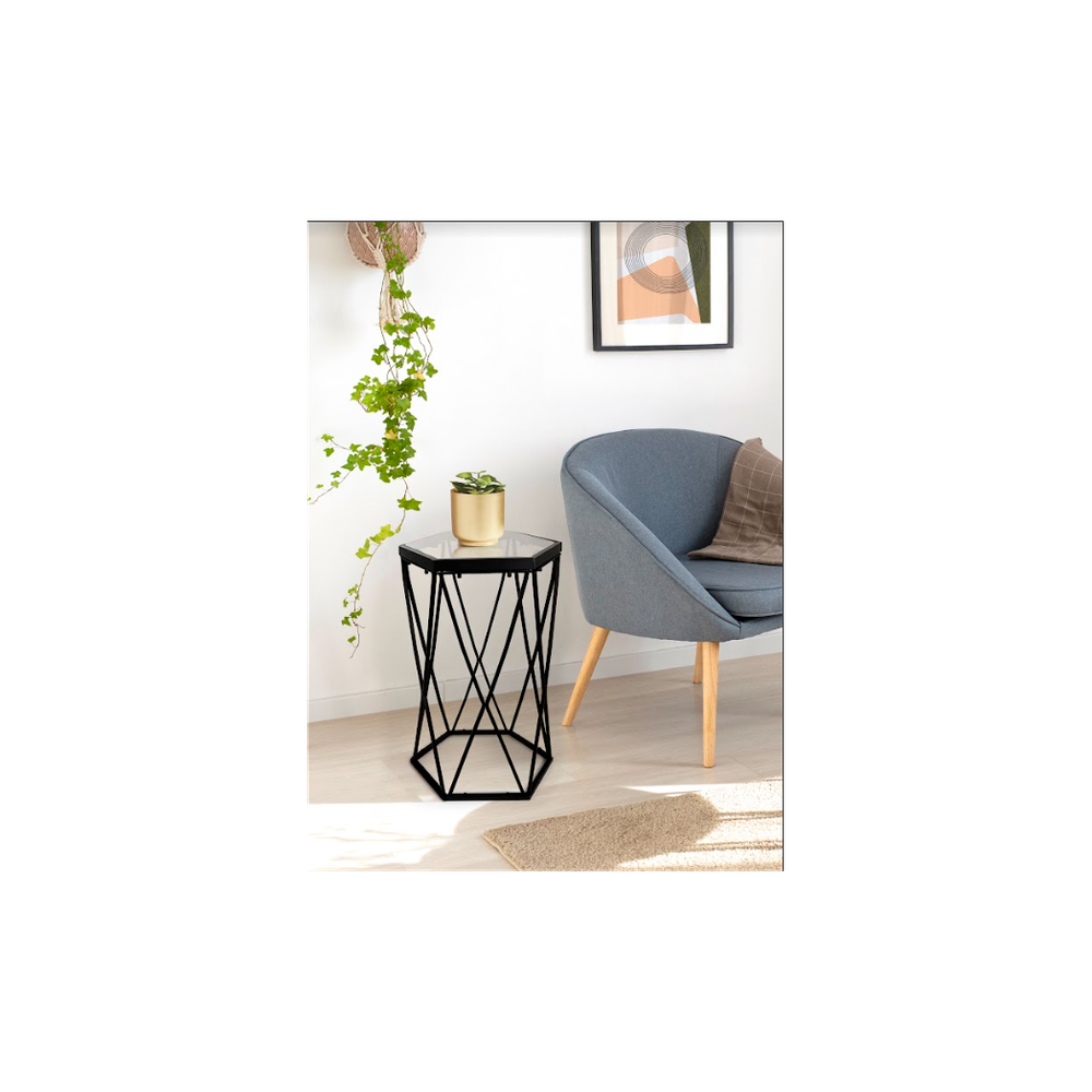 Hexagon Tempered Glass Black Side Table (Small) - SLENDER