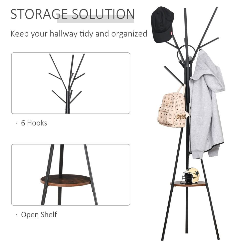 180cm Free Standing Coat Rack Metal Shelf Holder Stand Hat Hanger Brown