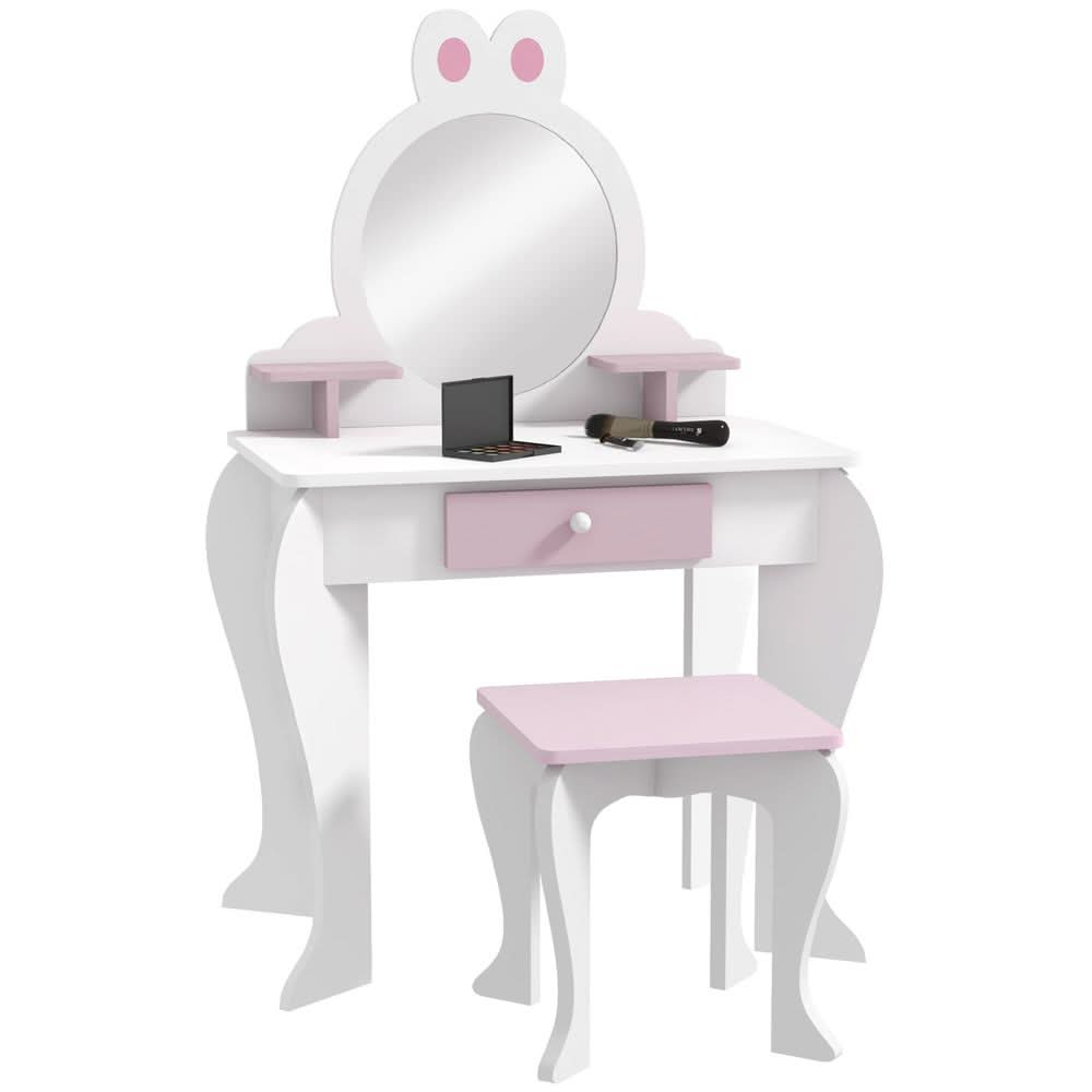 ZONEKIZ Kids Dressing Table with Mirror and Stool, Drawer, Storage Shelf - White