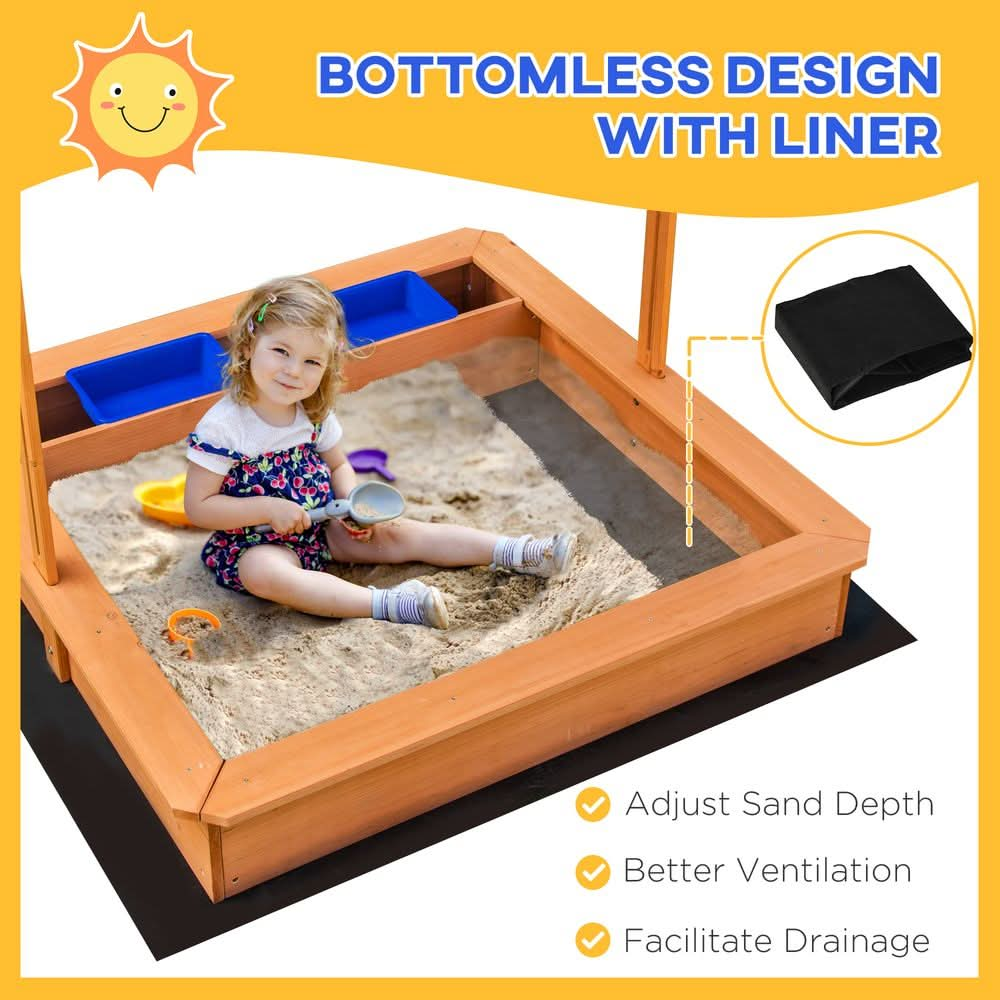 Kids Wooden Sandbox Sand Pit Height Adjustable with Canopy Basins Outsunny