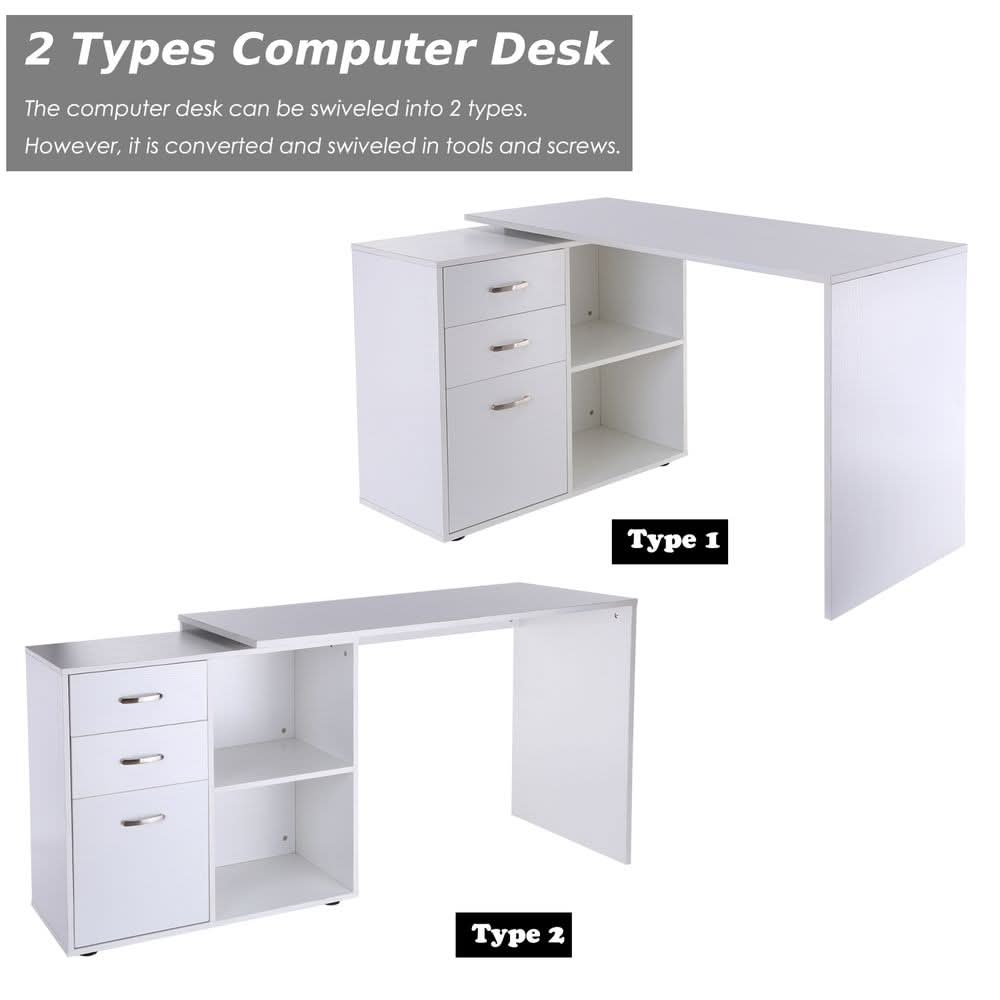 Home Office L Shape Computer Desk Workstation Drawer Shelf File Cabinet-White