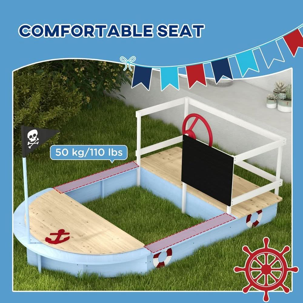 Sand Pit with Blackboard, Flag, Storage Deck for Outdoor Play, Blue