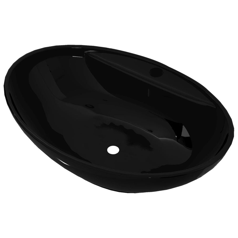 Ceramic Bathroom Sink Basin Faucet/Overflow Hole Black Oval