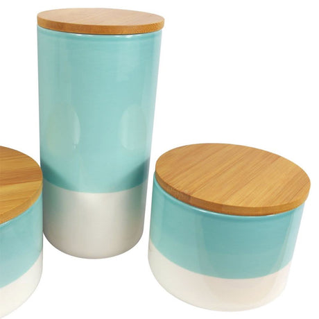 Set of Three Canisters Aqua Green Ceramic Storage Jars with Lids