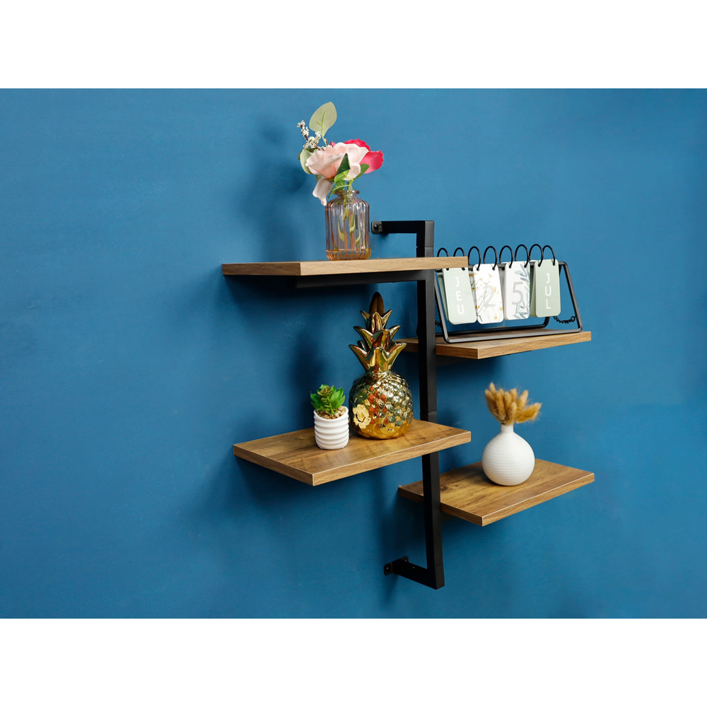 4 Tier Dark OAK Tall Multi Section Wall Shelf with Black Frame - PARGI