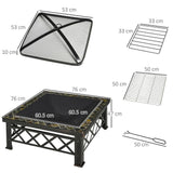 76cm Square Garden Fire Pit Square Table w/ Poker Mesh Cover Log Grate