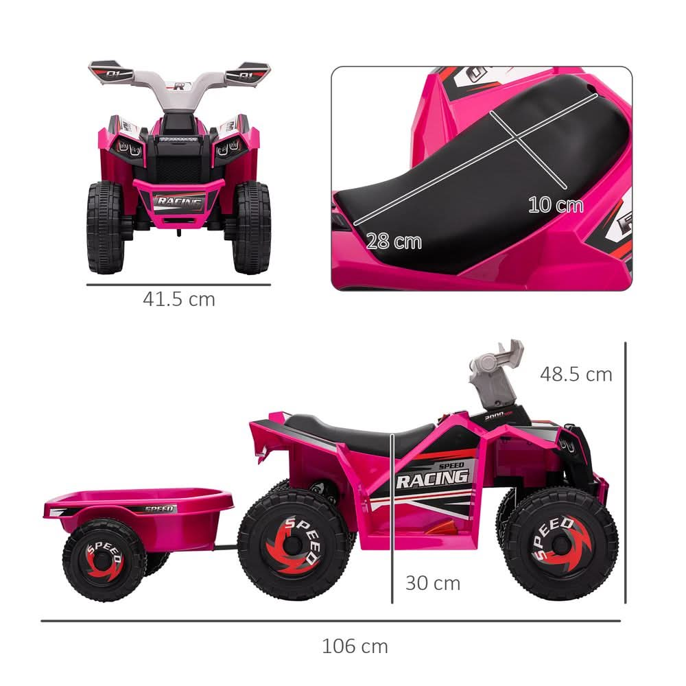 Electric Quad Bike, 6V Kids Ride On ATV w/ Back Trailer for 18-36 Months - Pink