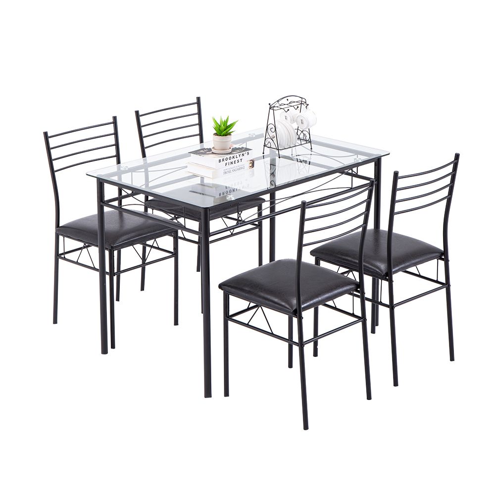 [110 x 70 x 76cm] Iron Glass Dining Table and Chairs Black One Table and Four Chairs PU Cushion