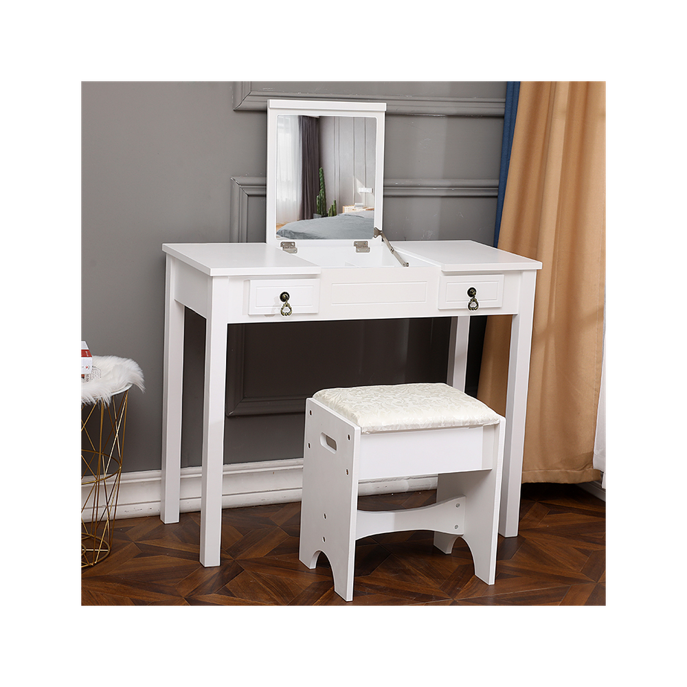 【】Flip Single Mirror Double Drawers Straight Feet Dresser White