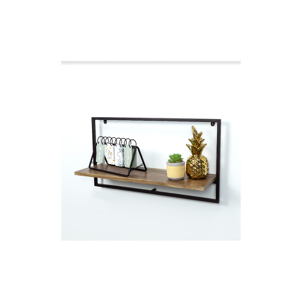 Wide Dark OAK Floating Wall Shelf with Black Frame