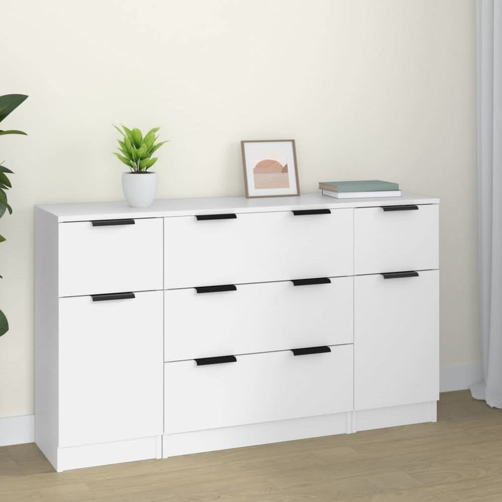 3 Piece Sideboard Set White Engineered Wood