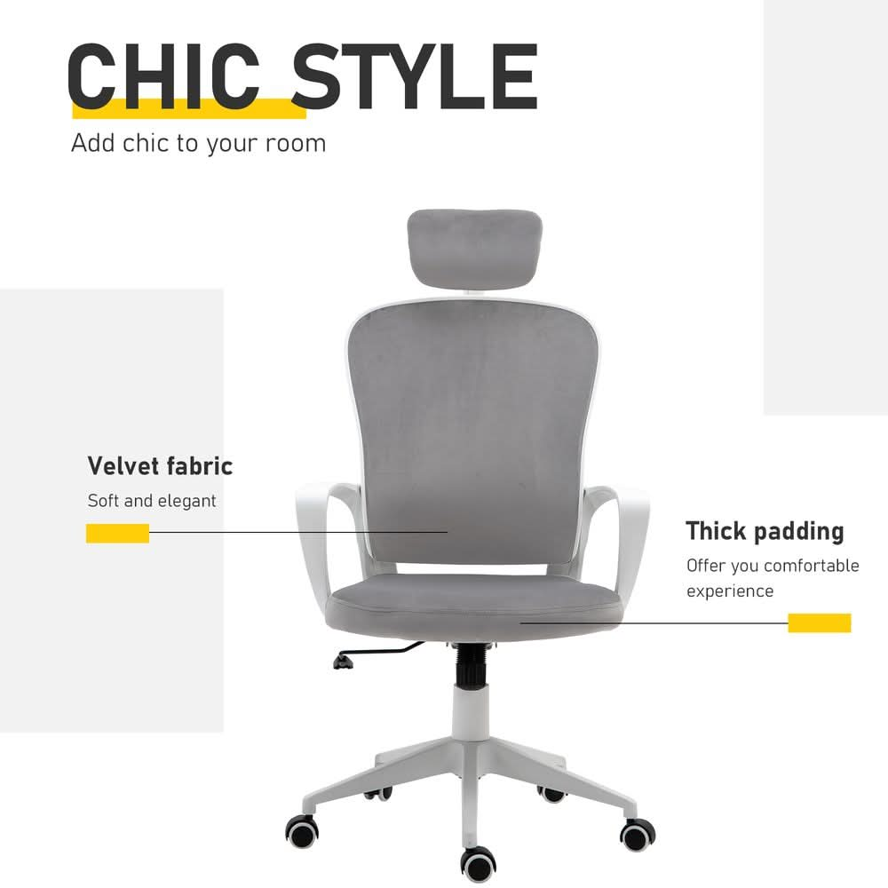 High-Back Office Chair Home Rocking w/ Wheel, Up-Down Headrest, Grey Vinsetto