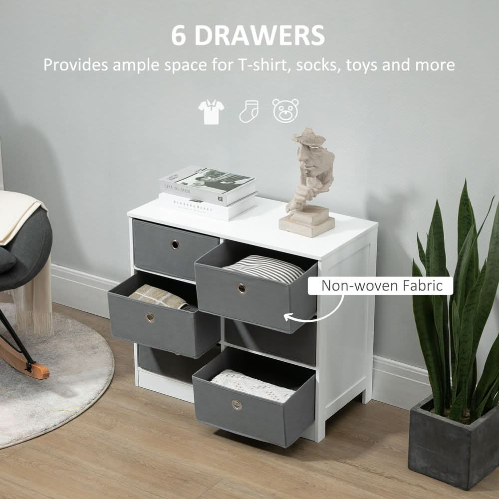 Chests of Drawer, Fabric Dresser Storage Cabinet with 6 Drawers White and Grey