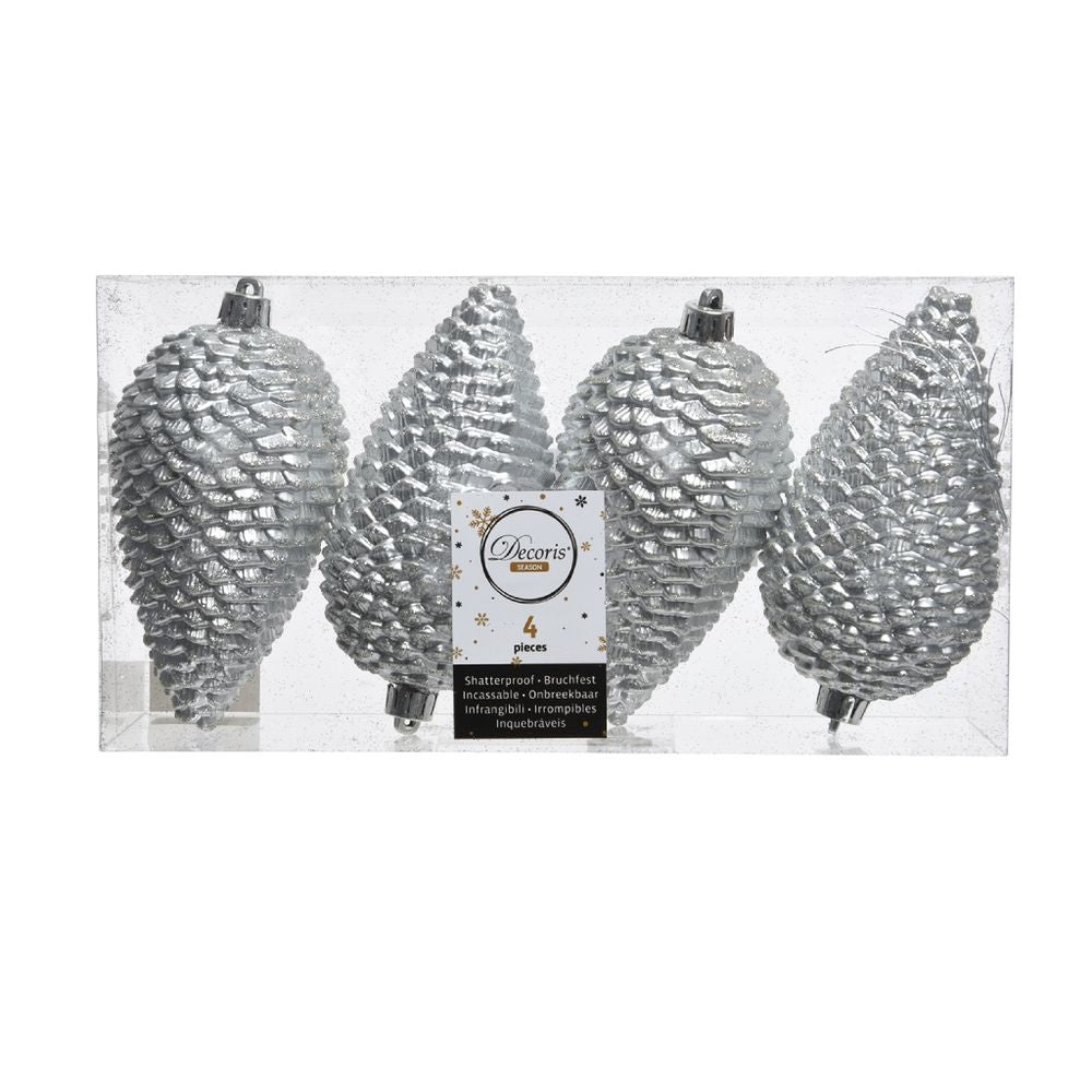 Shatterproof Silver Glitter Pinecone 12cm Pack of 4 - Christmas Tree Decoration