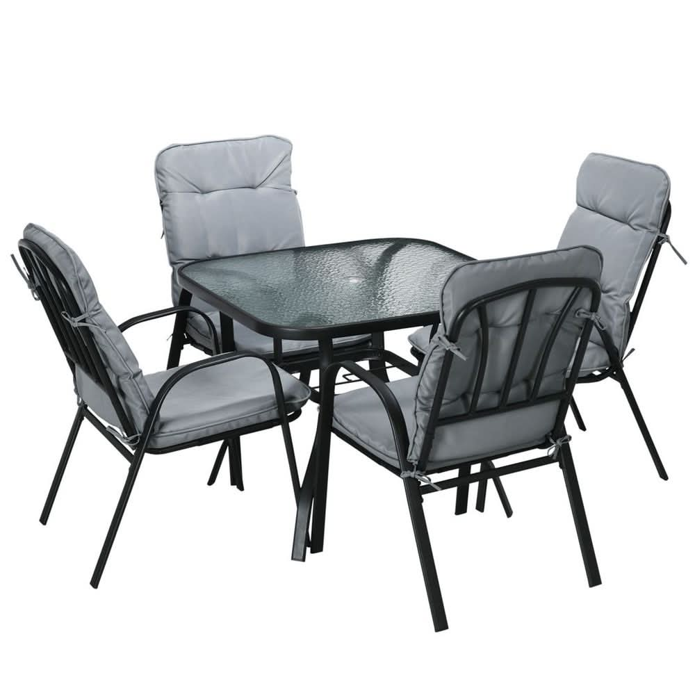 Outsunny Garden Dining Set, Glass Table w/ Umbrella Hole & Texteline Seats