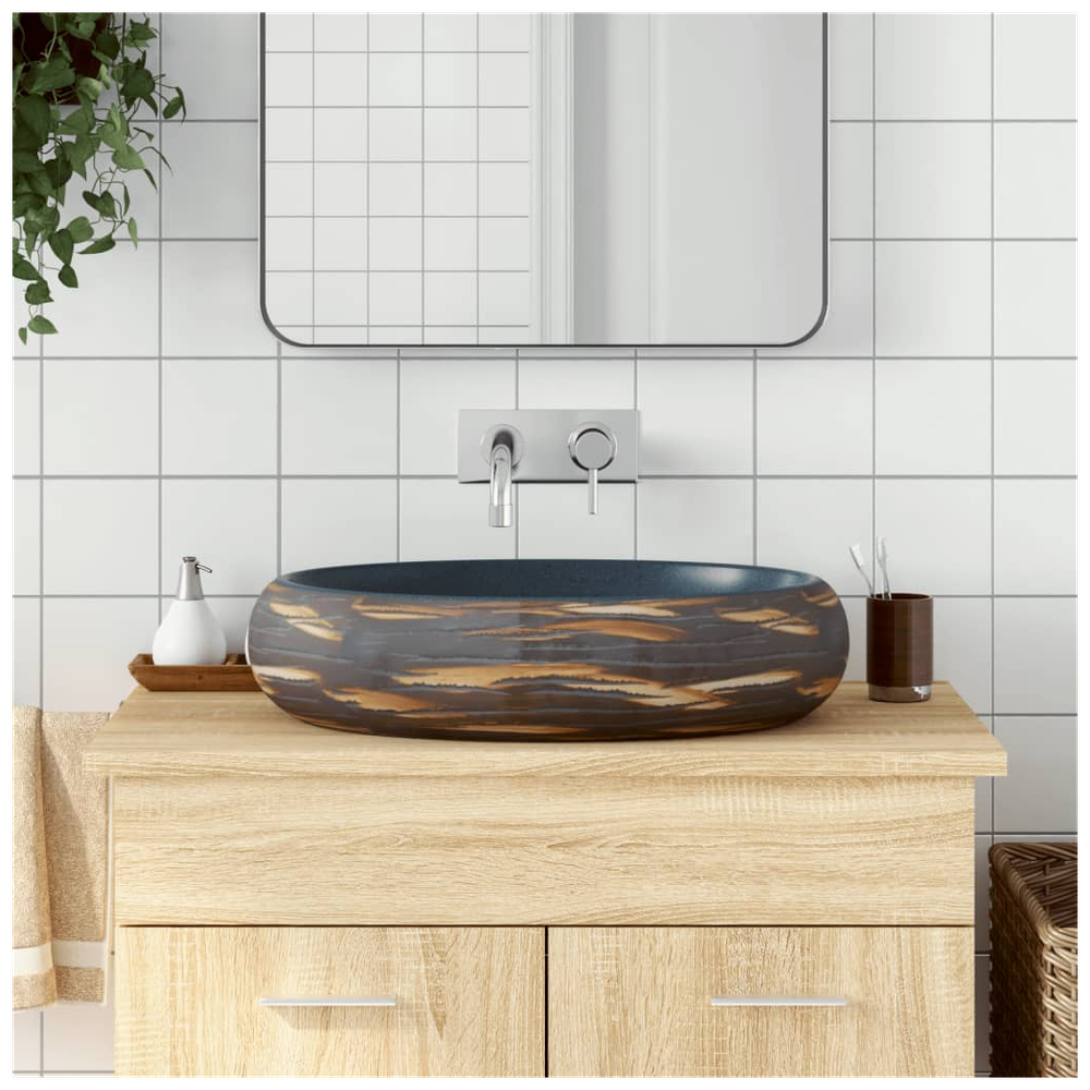 Countertop Basin Brown and Blue Oval 59x40x15 cm Ceramic