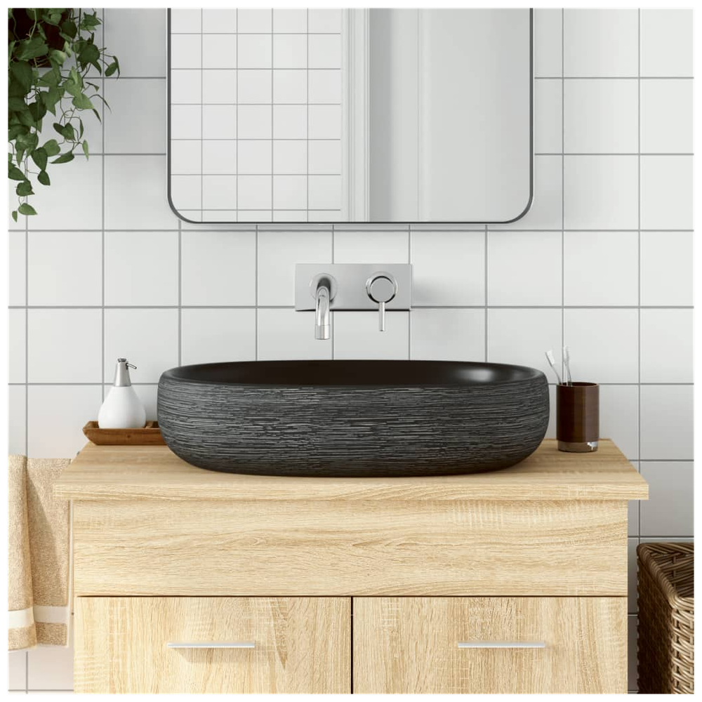 Countertop Basin Grey and Black Oval 59x40x14 cm Ceramic