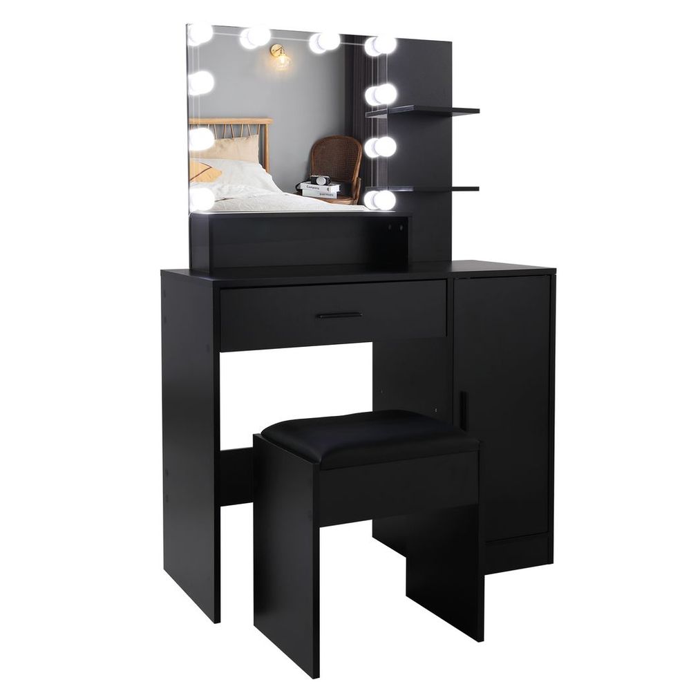 FCH Large Vanity Set with 10 LED Bulbs, Makeup Table with Cushioned Stool, 3 Storage Shelves 1 Drawer 1 Cabinet, Dressing Table Dresser Desk for Women, Girls, Bedroom, Black