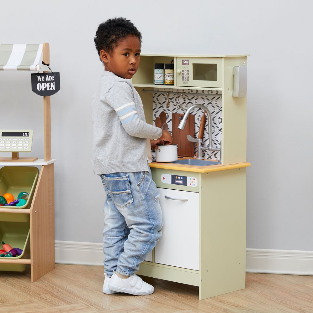 Wooden Kitchen Playset with Interactive Features & 9 Accessories