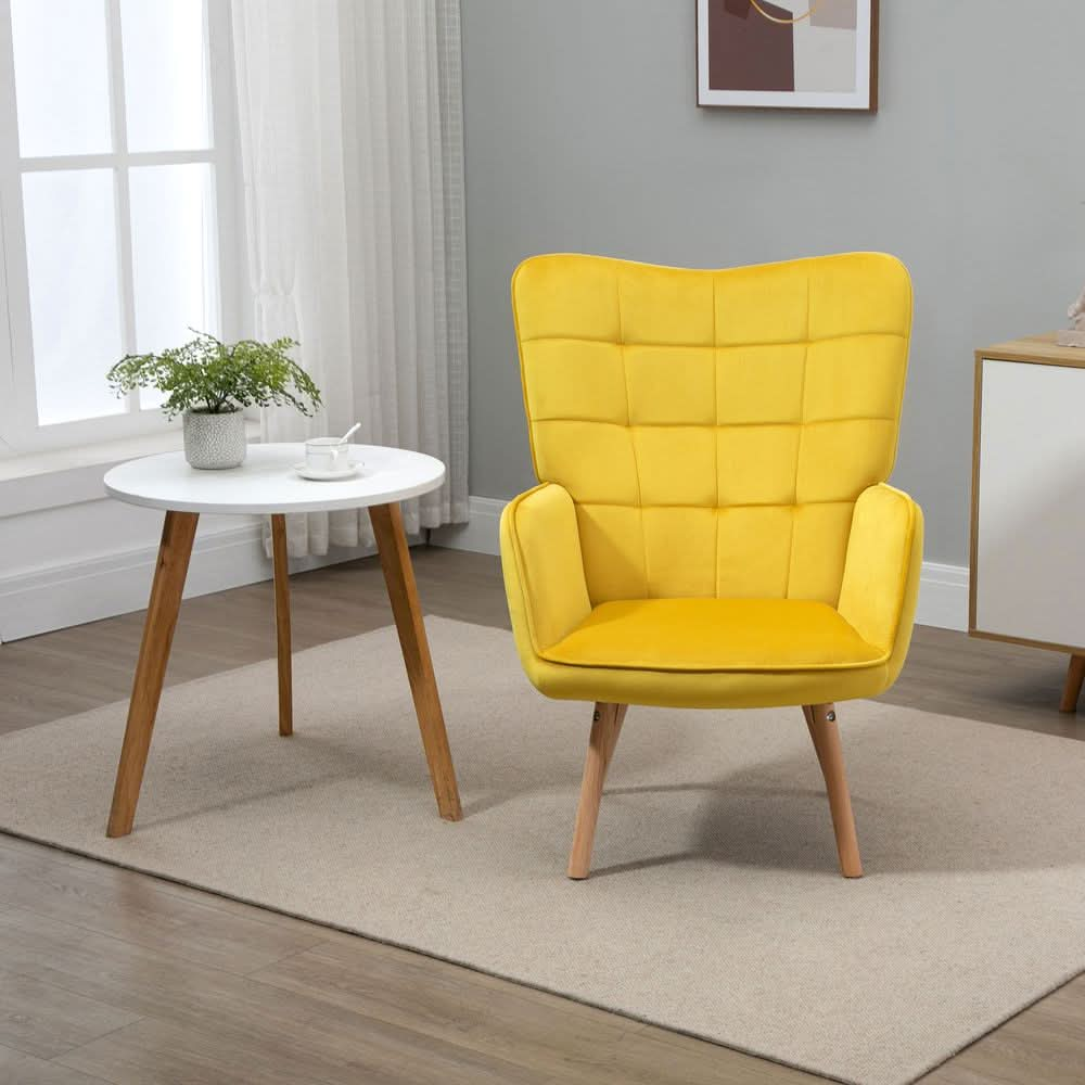 Modern Accent Chair Velvet-Touch Tufted Wingback Armchair, Yellow