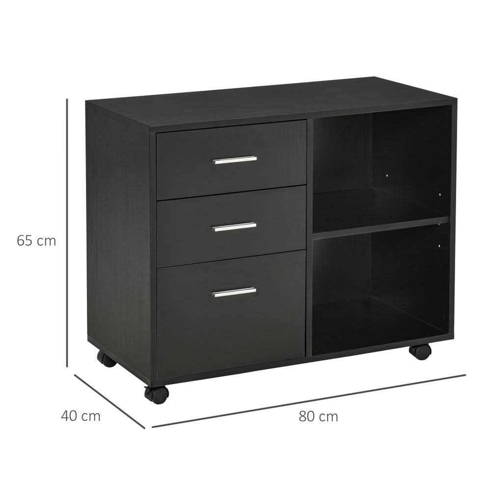 Freestanding Storage Cabinet  3 Drawers 2 Shelves 4 Wheels Office Black