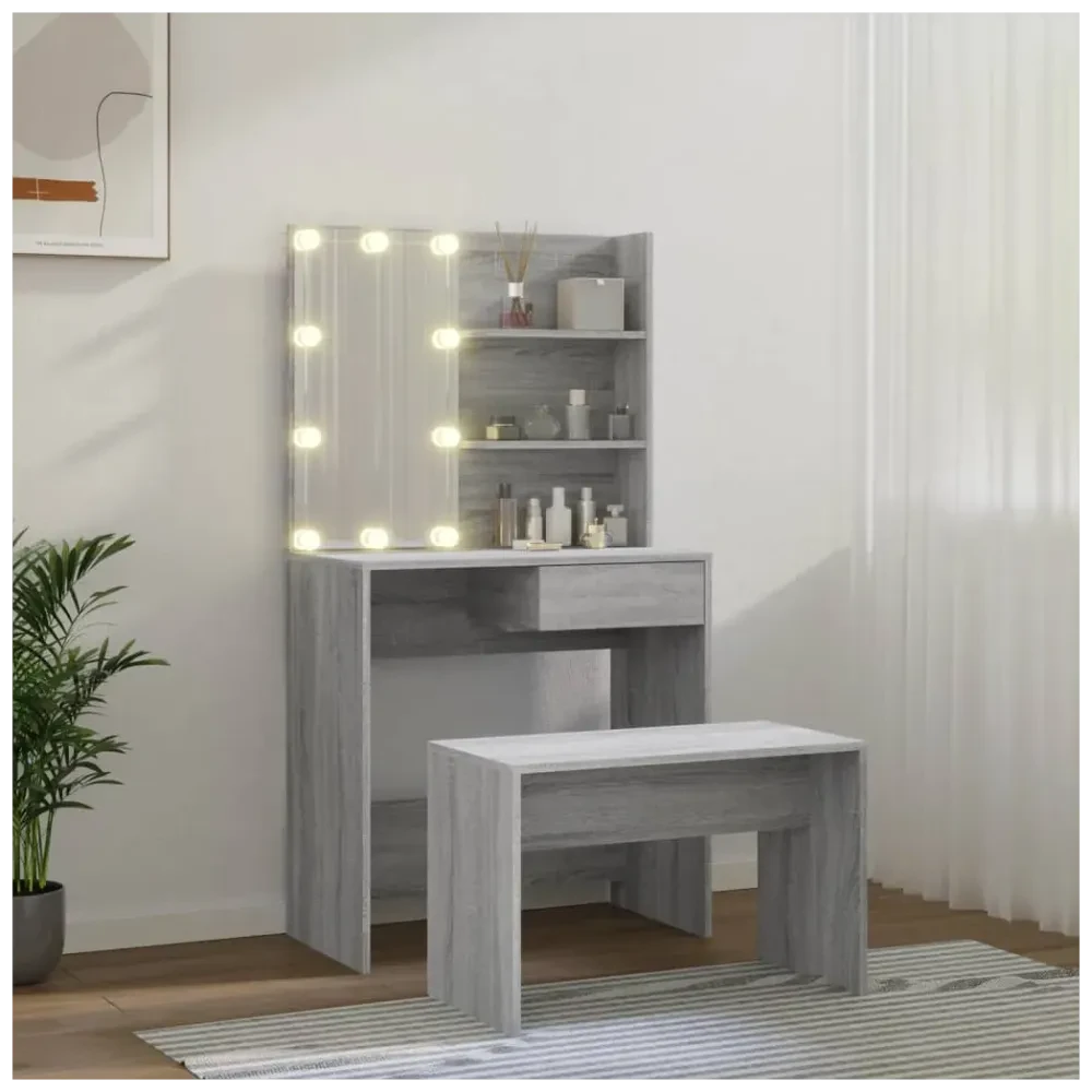 Dressing Table Set with LED Grey Sonoma Engineered Wood