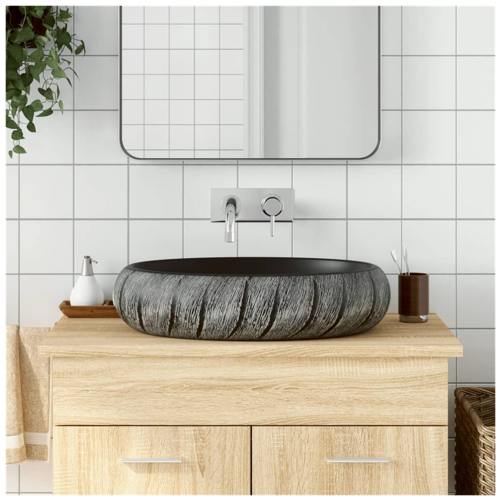 Countertop Basin Black and Grey Oval 59x40x15 cm Ceramic